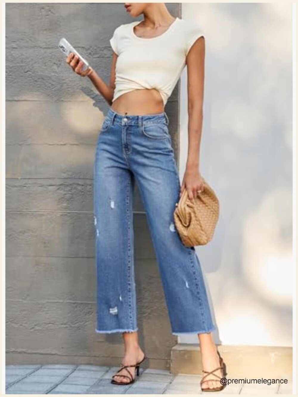 Wide Leg Stretchy Distressed Raw Hem Ankle Jeans with Pockets - Picture 6 of 7